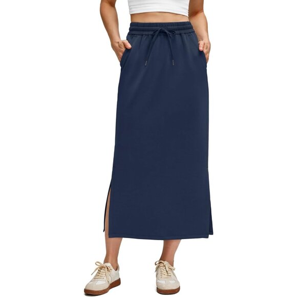 Dresses & Skirts - Women's Dark Blue Modal Soft Drawstring Casual Slits Lounge Pockets Maxi Skirt